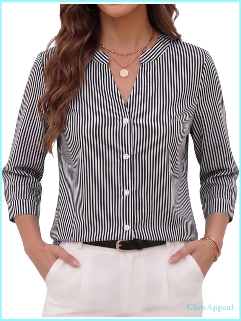 V Neck Button Down Dress Shirt 3/4 Sleeve Blouse Work Top